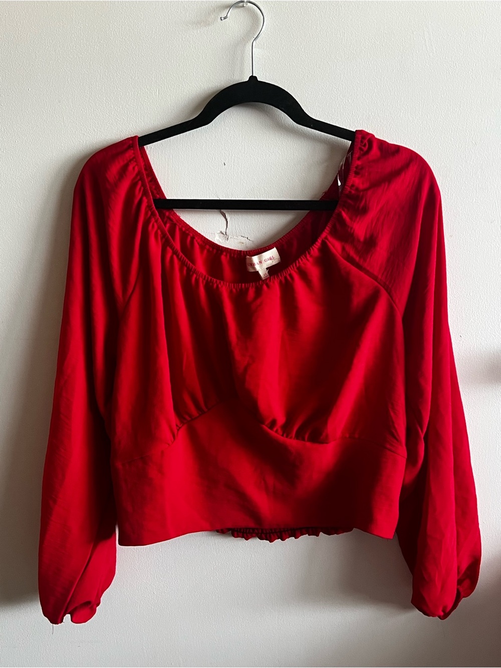 Women's Red Cropped Long-Sleeve Scoop Neck Top